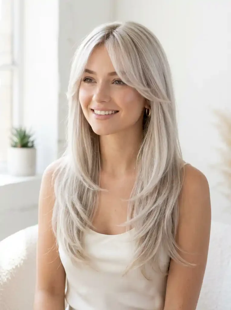 1. Icy Blonde Layers Frosty Curtain Bangs