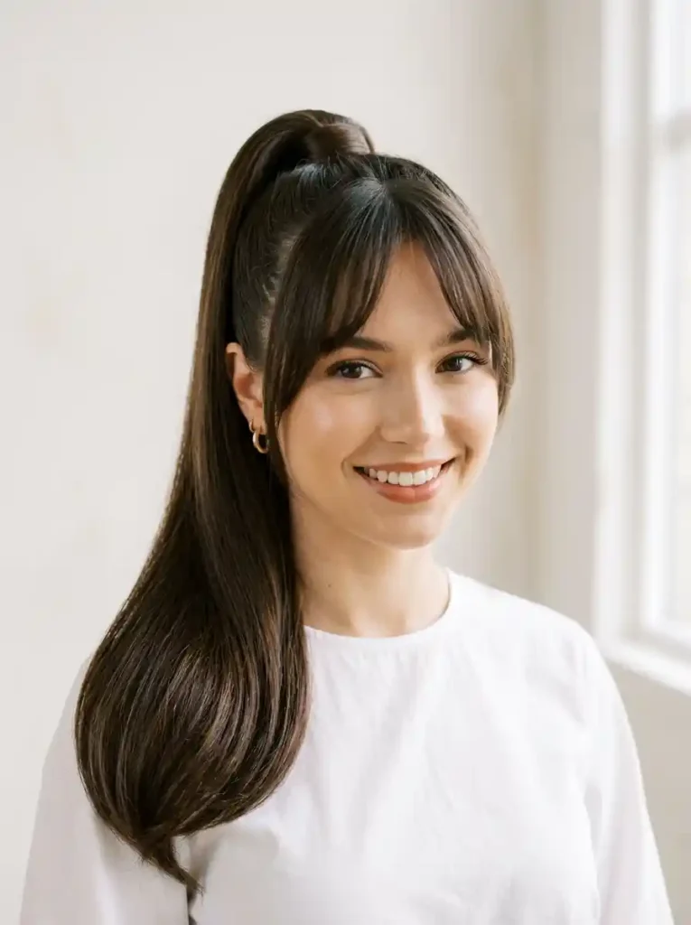 20. Sleek Pony Layers Gorgeous Soft Curtain Bangs Hairstyles