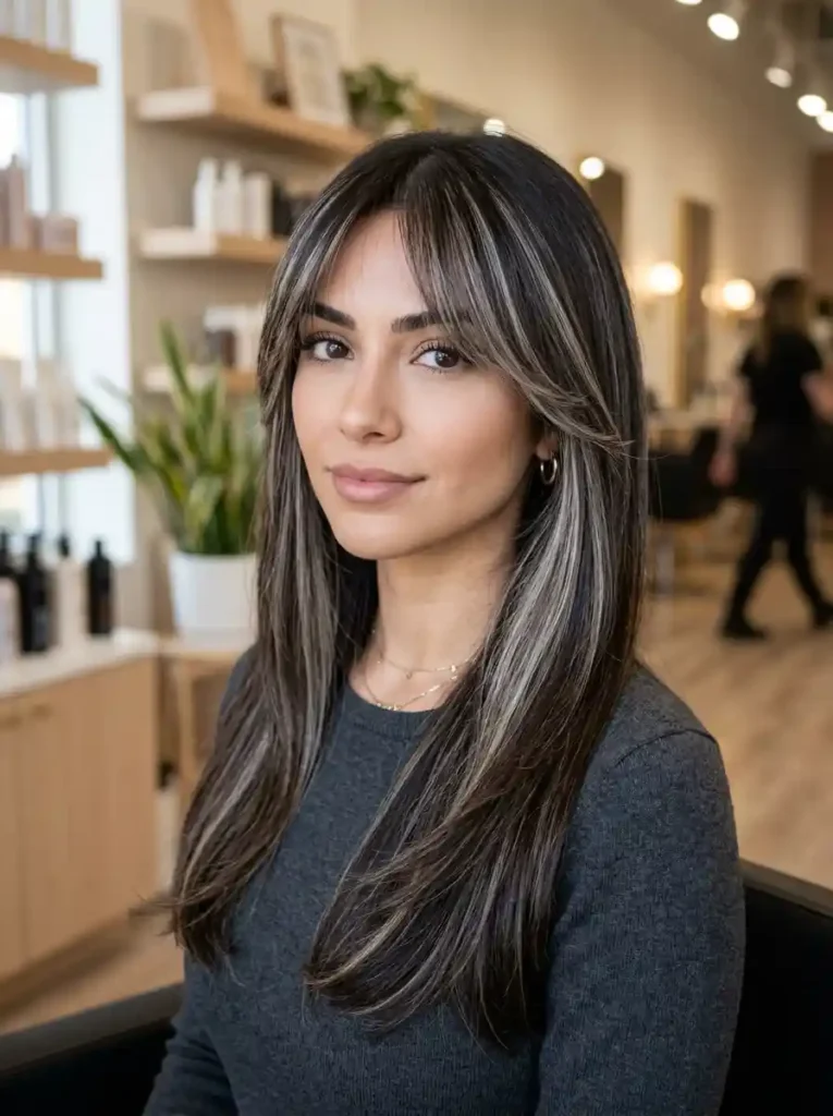 24. Icy Brunette Highlights Frosty Curtain Bangs