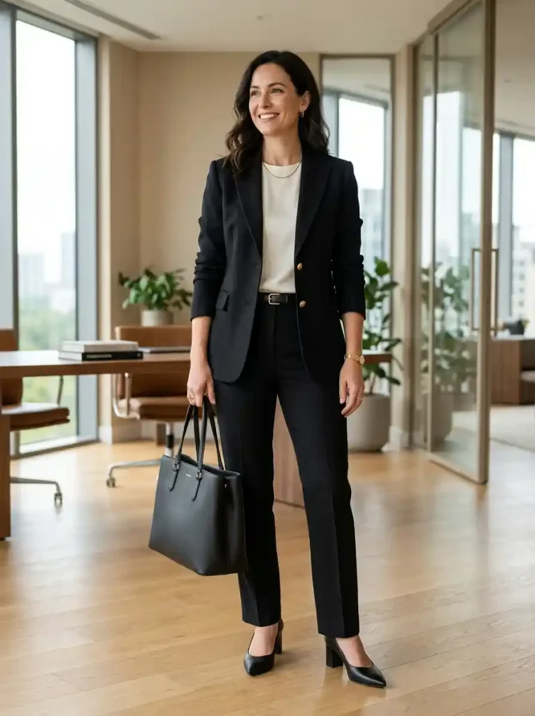 1. Black Blazer with Tailored Trousers-Corporate Workwear Ideas