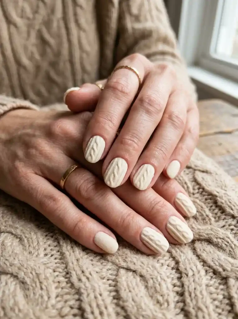 1. Classic Cream Cable Knit-Sweater Pattern Nail Art Ideas