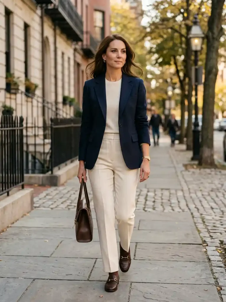 1. Navy Blazer With Cream Tailored Trousers-Old Money Outfits for Women