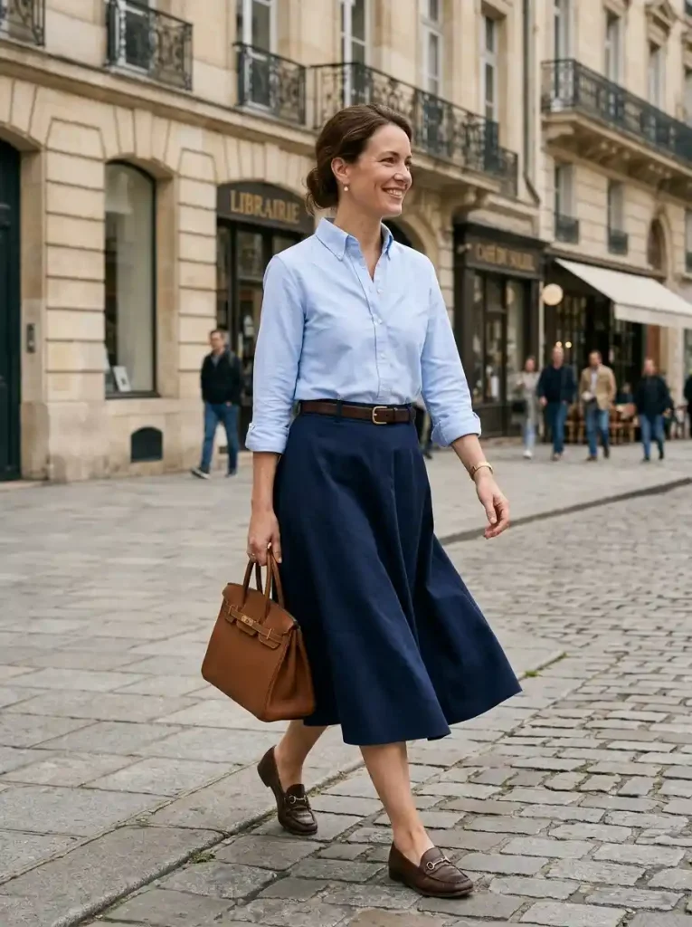 10. Oxford Shirt with A-Line Midi Skirt