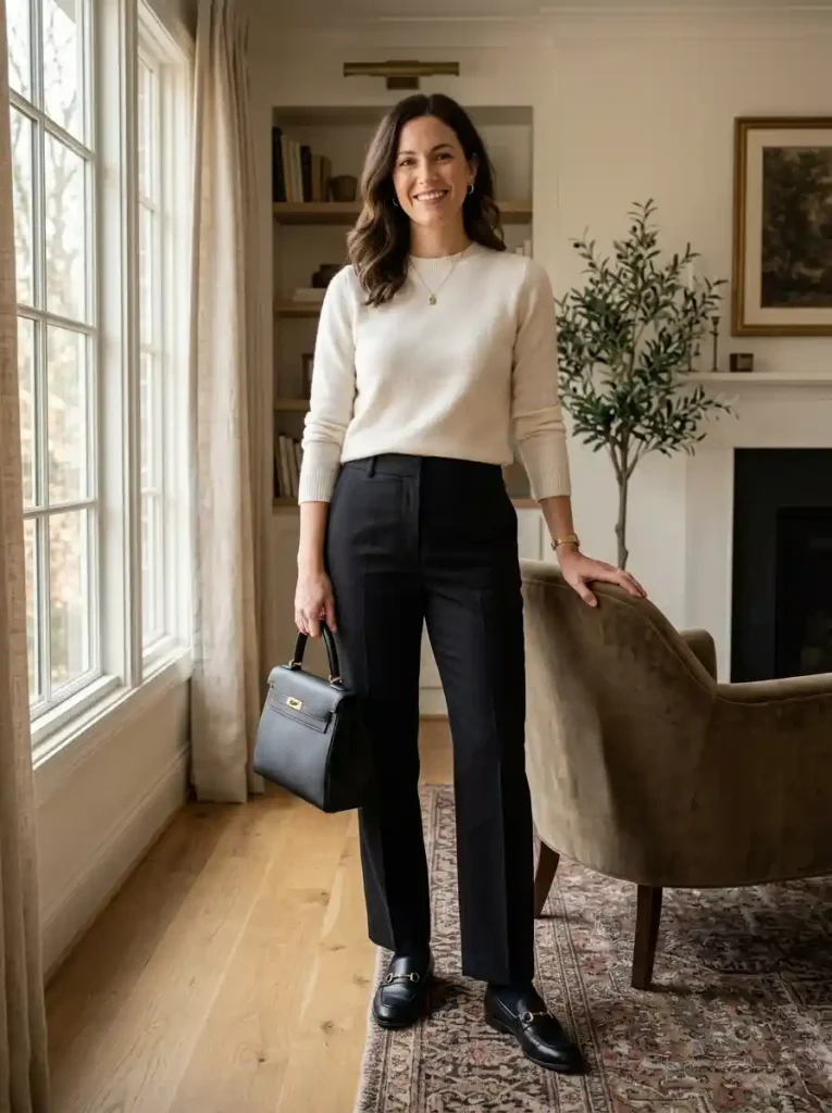 10. White Sweater With Black Tailored Trousers