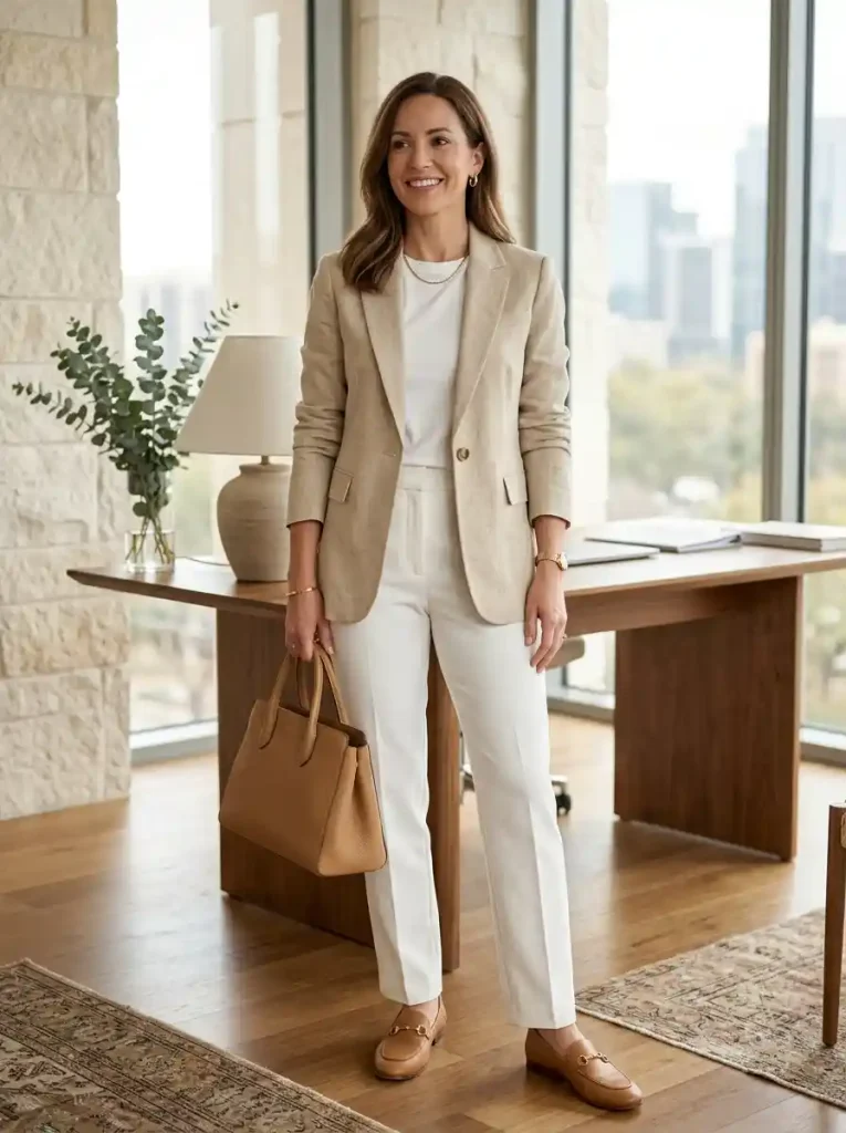 11. Beige Blazer with White Trousers
