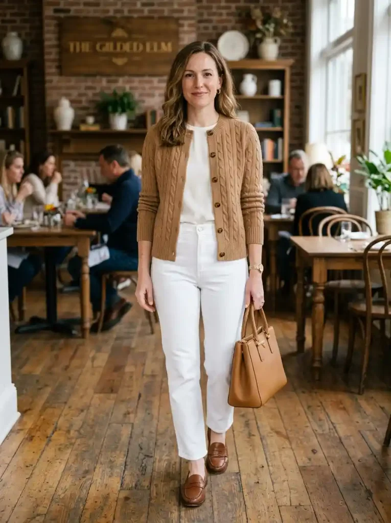 11. Camel Cardigan With White Jeans