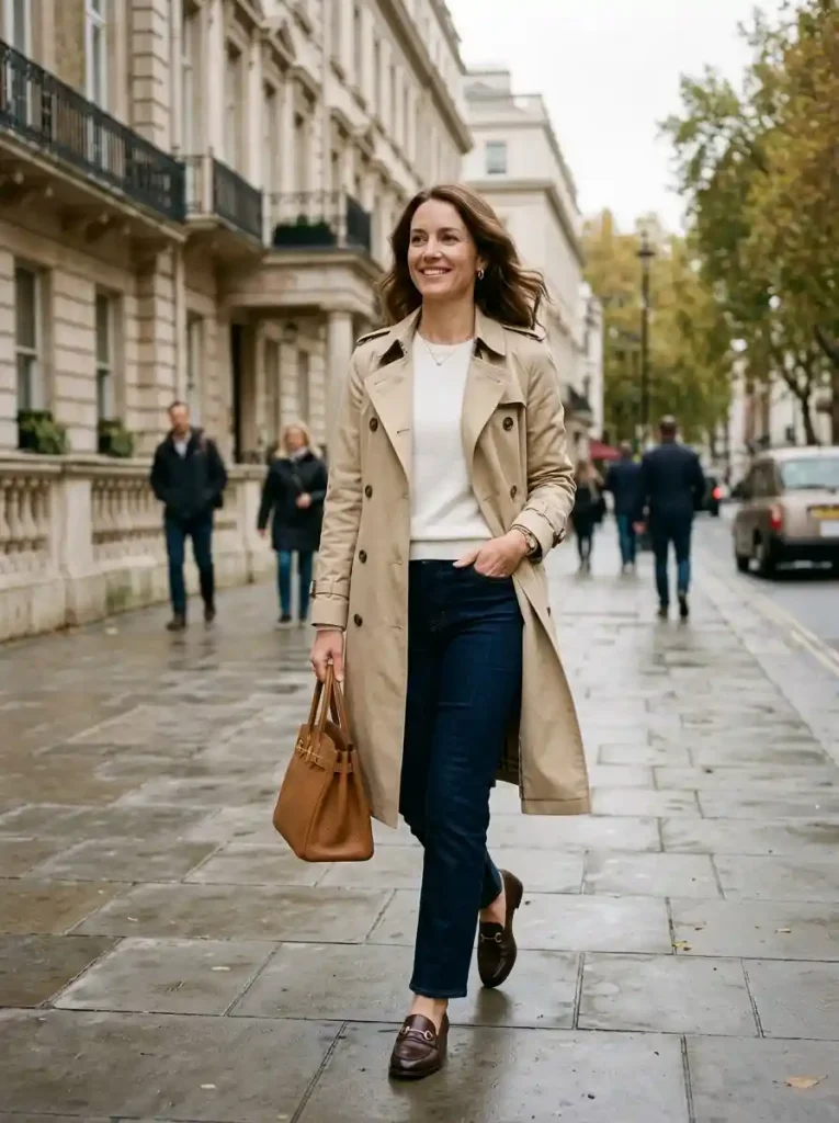 11. Trench Coat with Jeans and Loafers