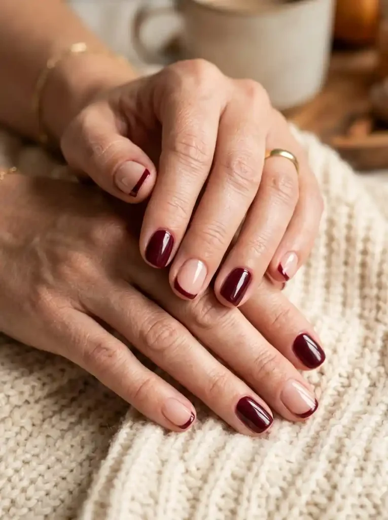 12. Burgundy and Nude Mix-and-Match Nails