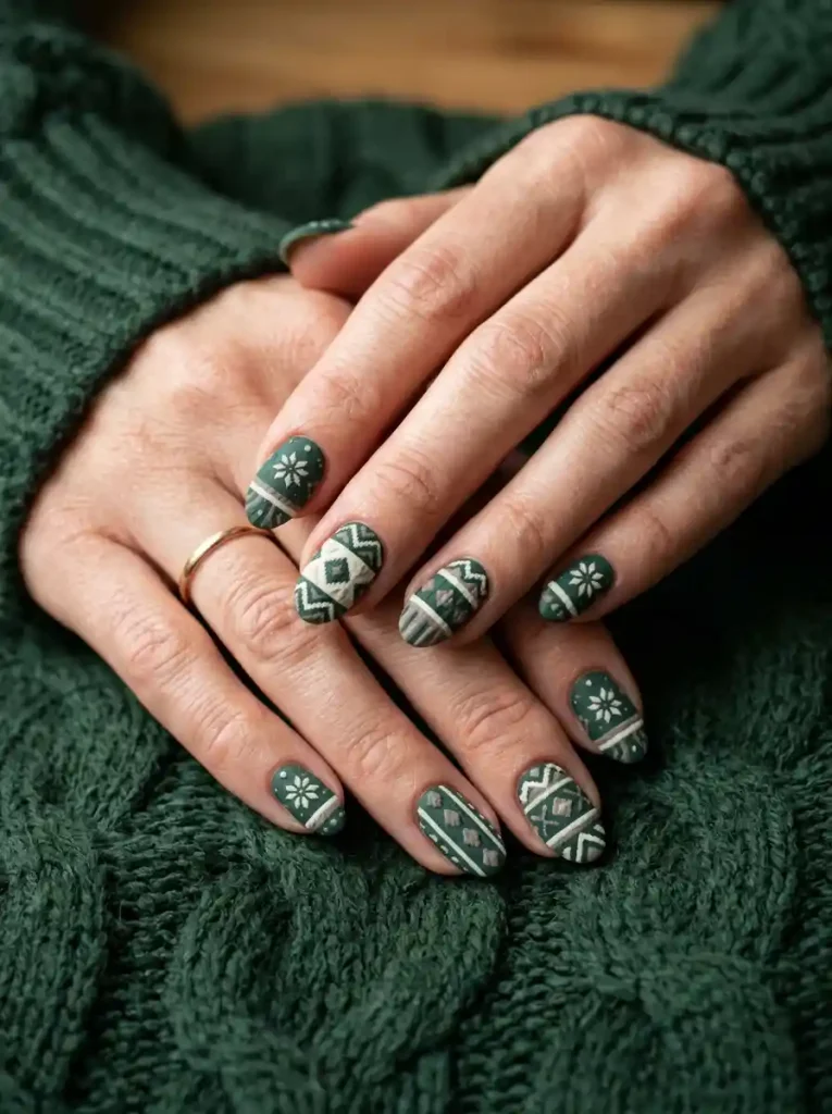 12. Forest Green Nordic Knit Nails