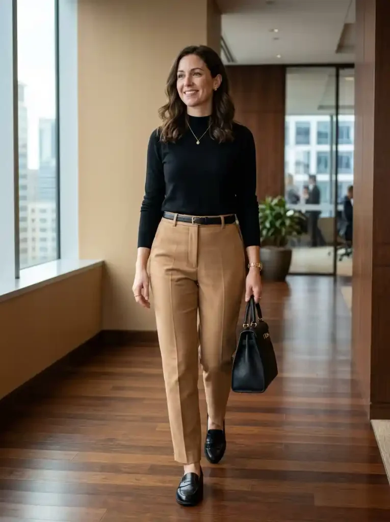 13. Camel Trousers with Black Blouse