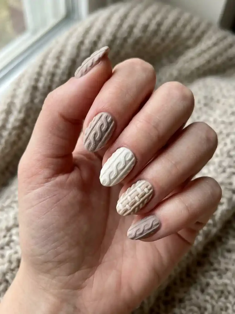 13. Taupe and White Textured Sweater Nails