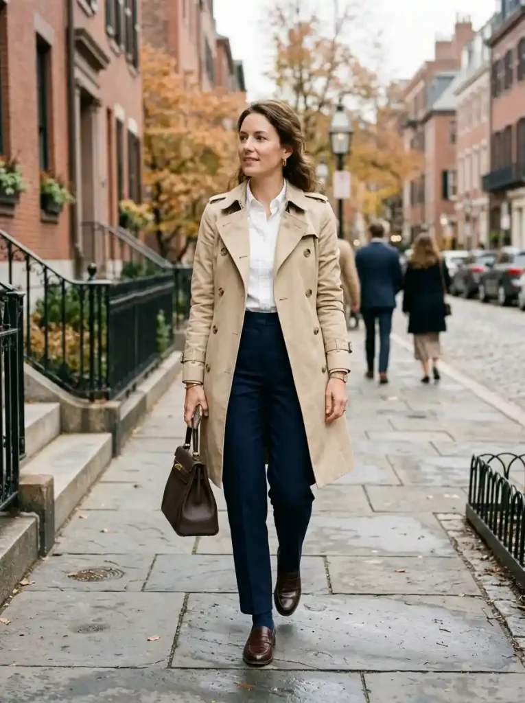 13. Trench Coat With Loafers and Trousers