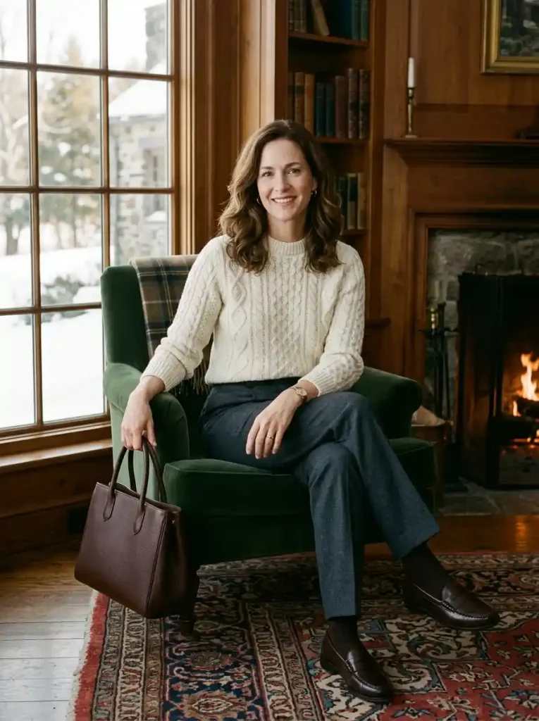 14. Cable Knit Sweater With Tailored Pants