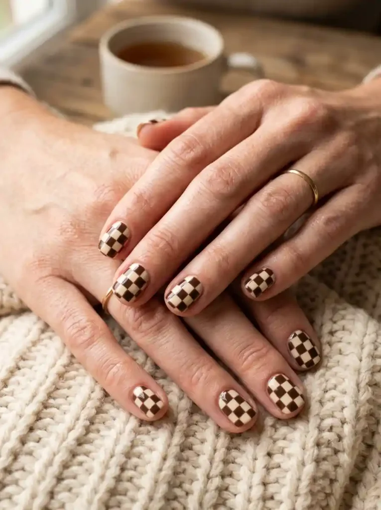 14. Cream and Brown Checkerboard Nails