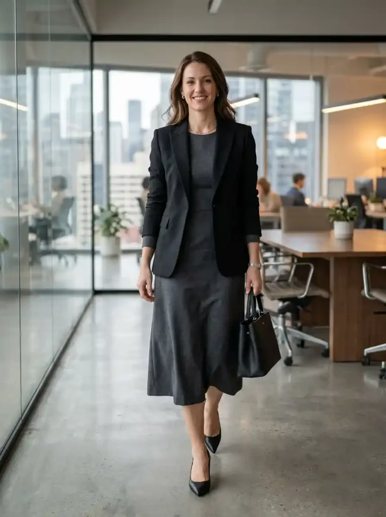 14. Gray Midi Dress with Blazer