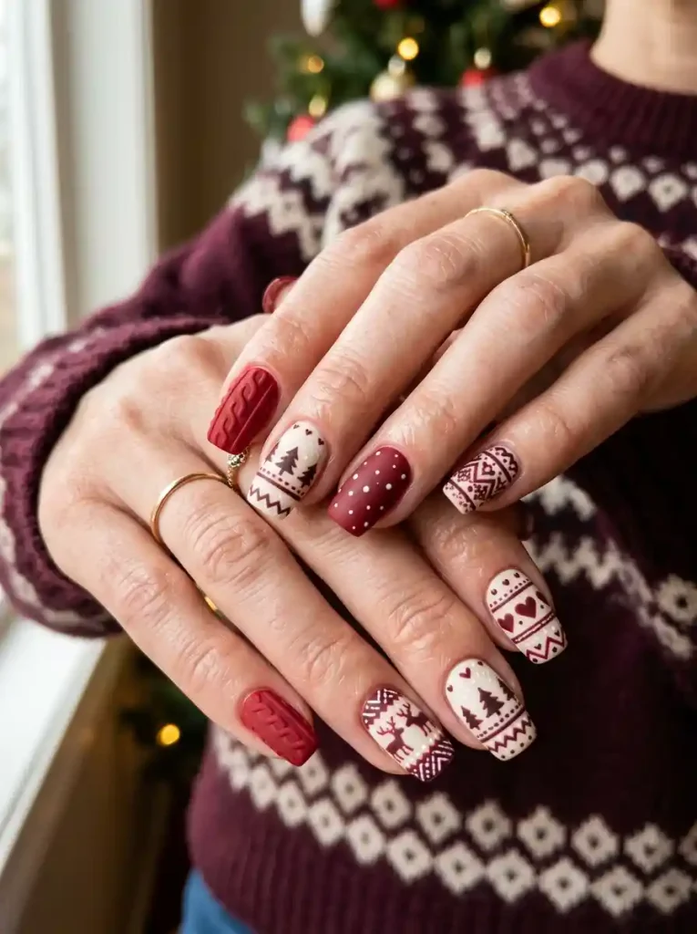 14. Red and Cream Christmas Sweater Nails