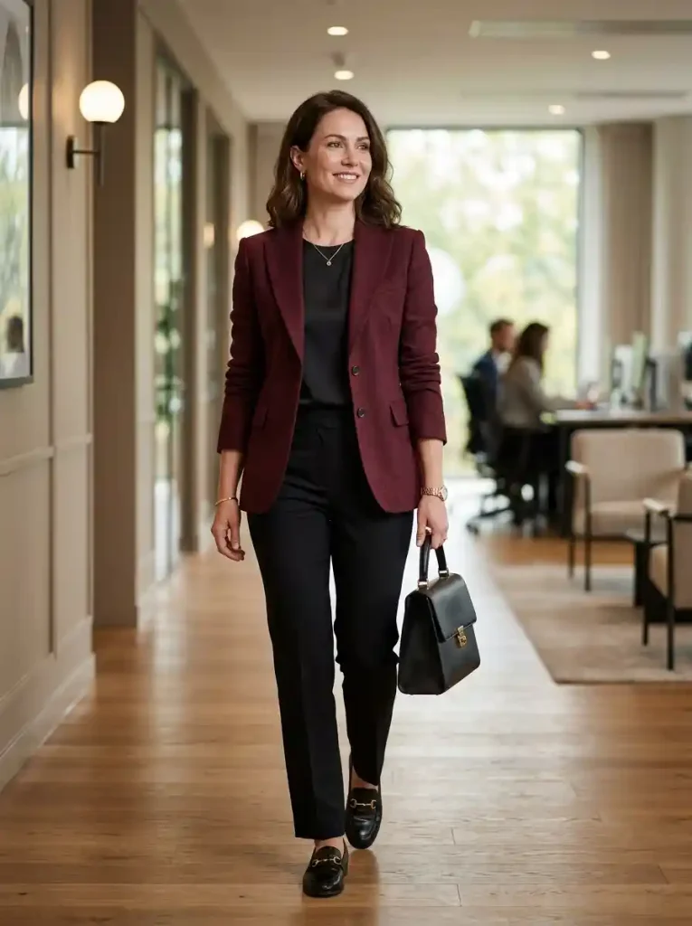 15. Burgundy Blazer with Black Trousers