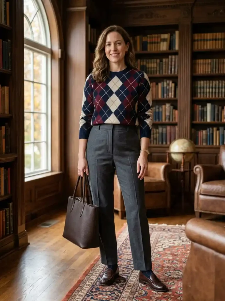 16. Argyle Sweater with Tailored Trousers