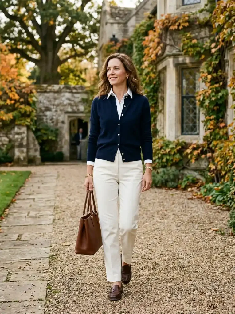 16. Navy Cardigan With White Trousers