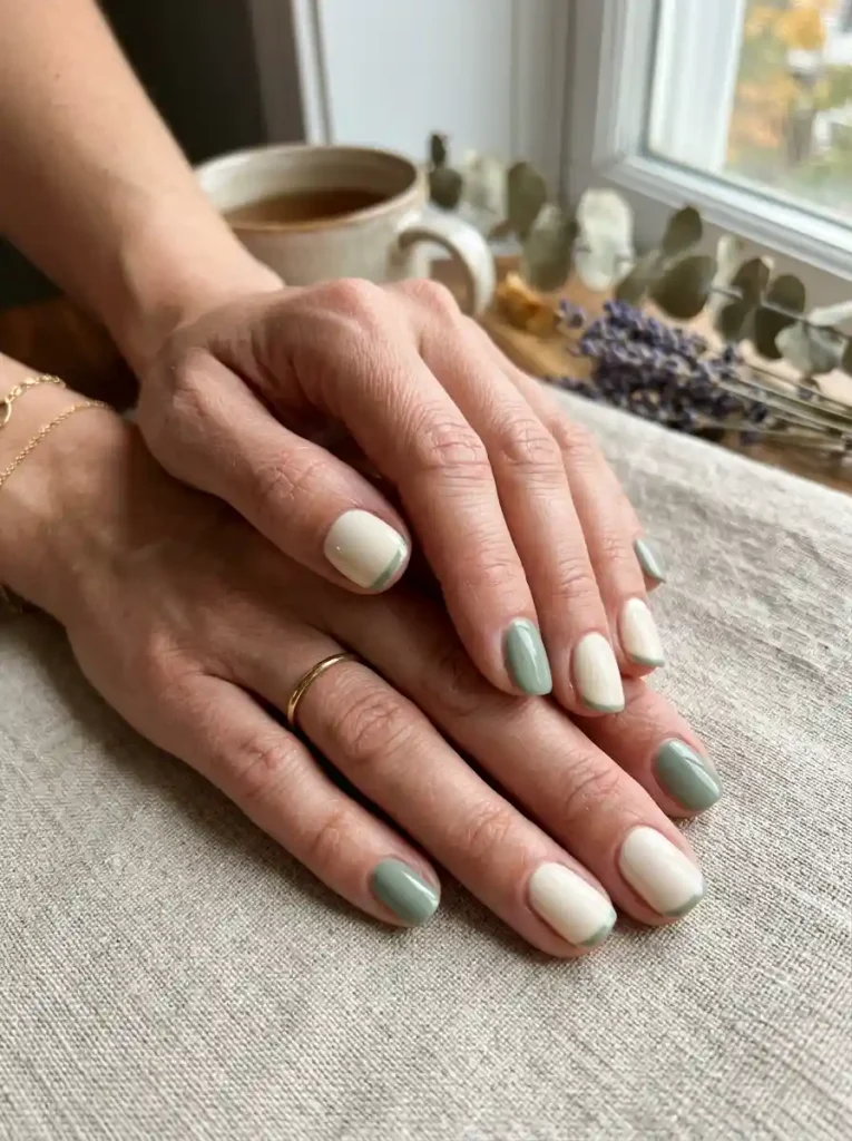 16. Sage Green and Cream Nails