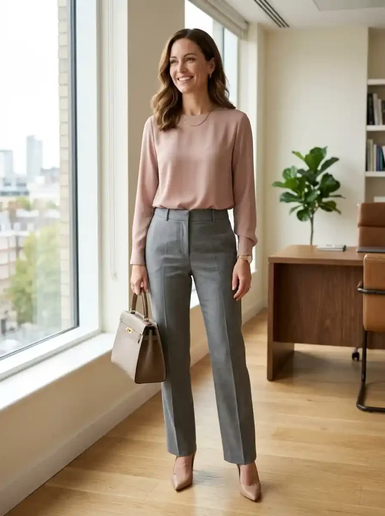 17. Blush Blouse with Gray Trousers