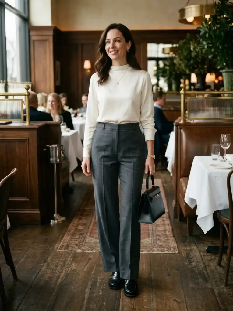 17. Silk-Style Blouse With Wide-Leg Trousers