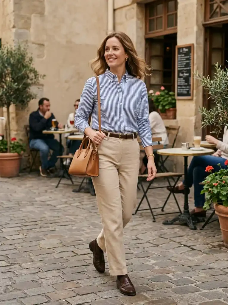 17. Striped Button-Down with Beige Pants