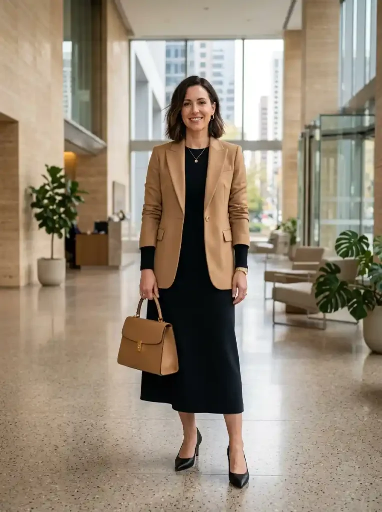 18. Black Midi Dress with Structured Blazer