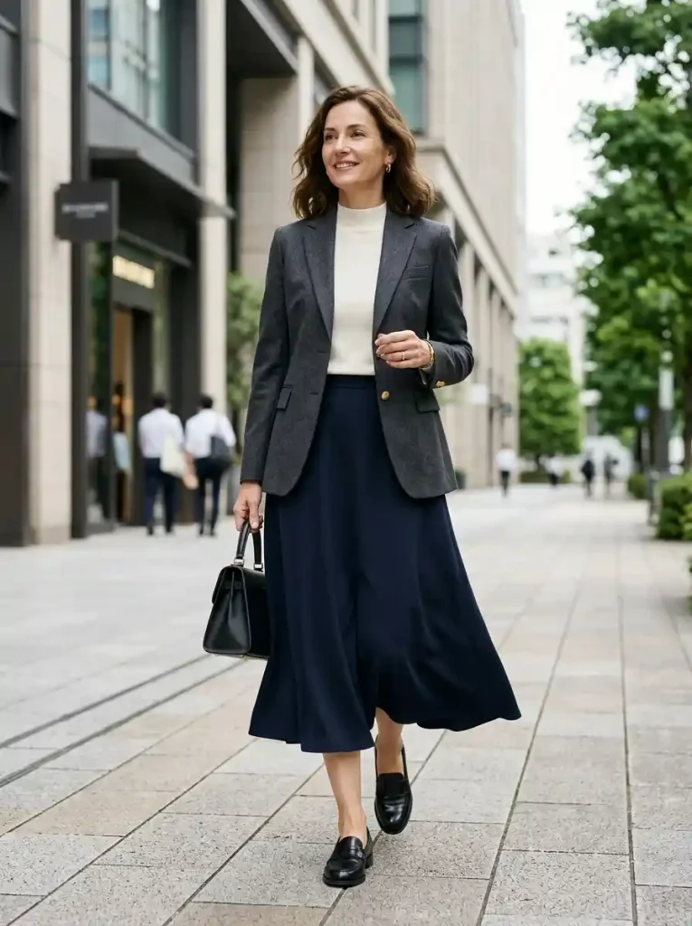 18. Blazer with Midi Skirt and Loafers