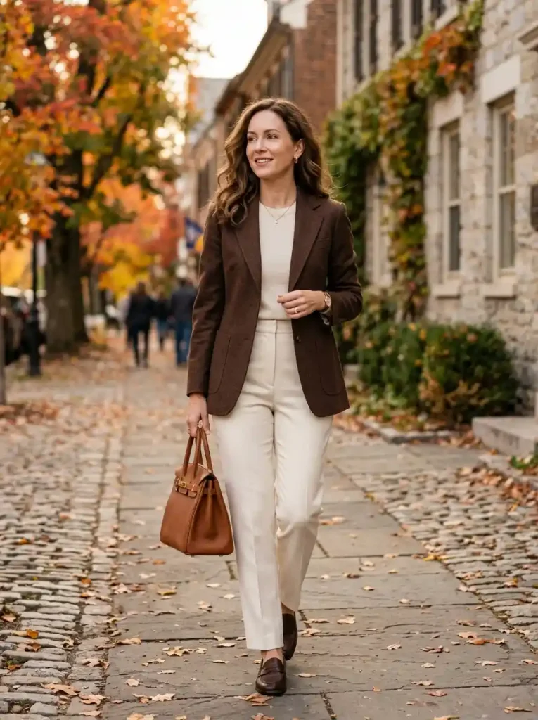 19. Chocolate Brown Blazer With Cream Trousers