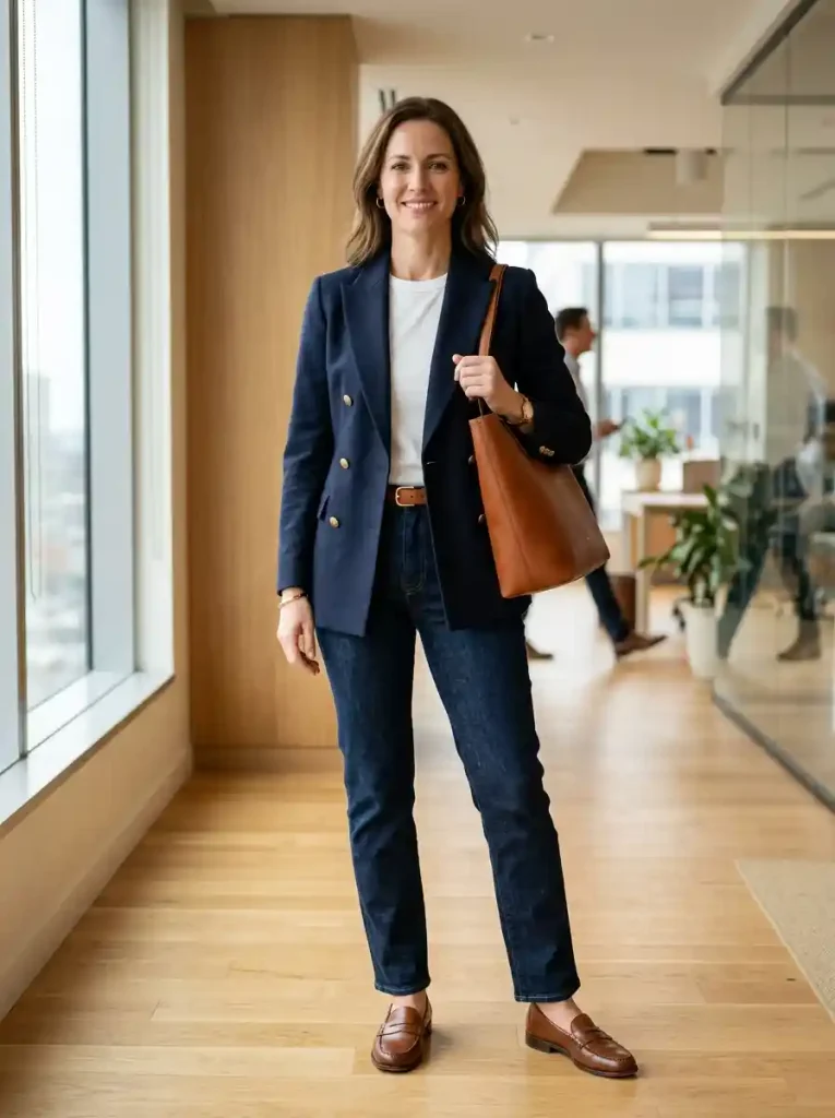 19. Double-Breasted Blazer with Straight Jeans