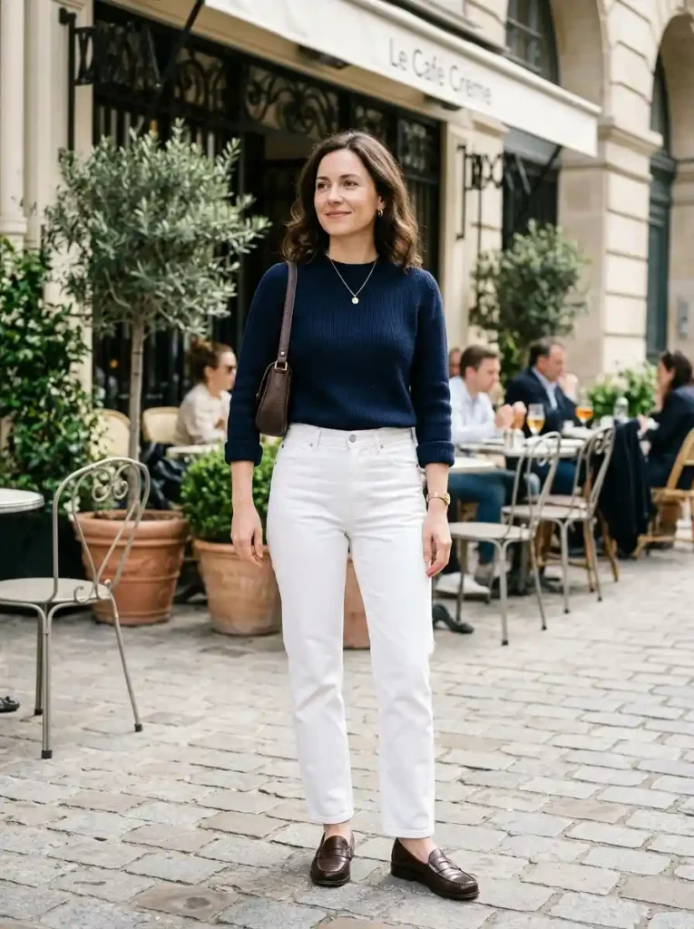 2. Navy Sweater with White Straight-Leg Jeans