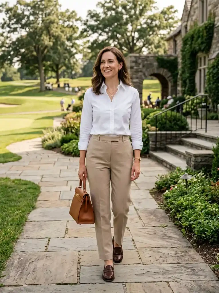 2. White Button-Down With Beige Trousers