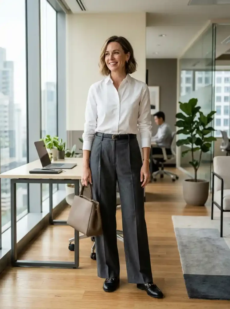 2. White Button-Down with Wide-Leg Trousers