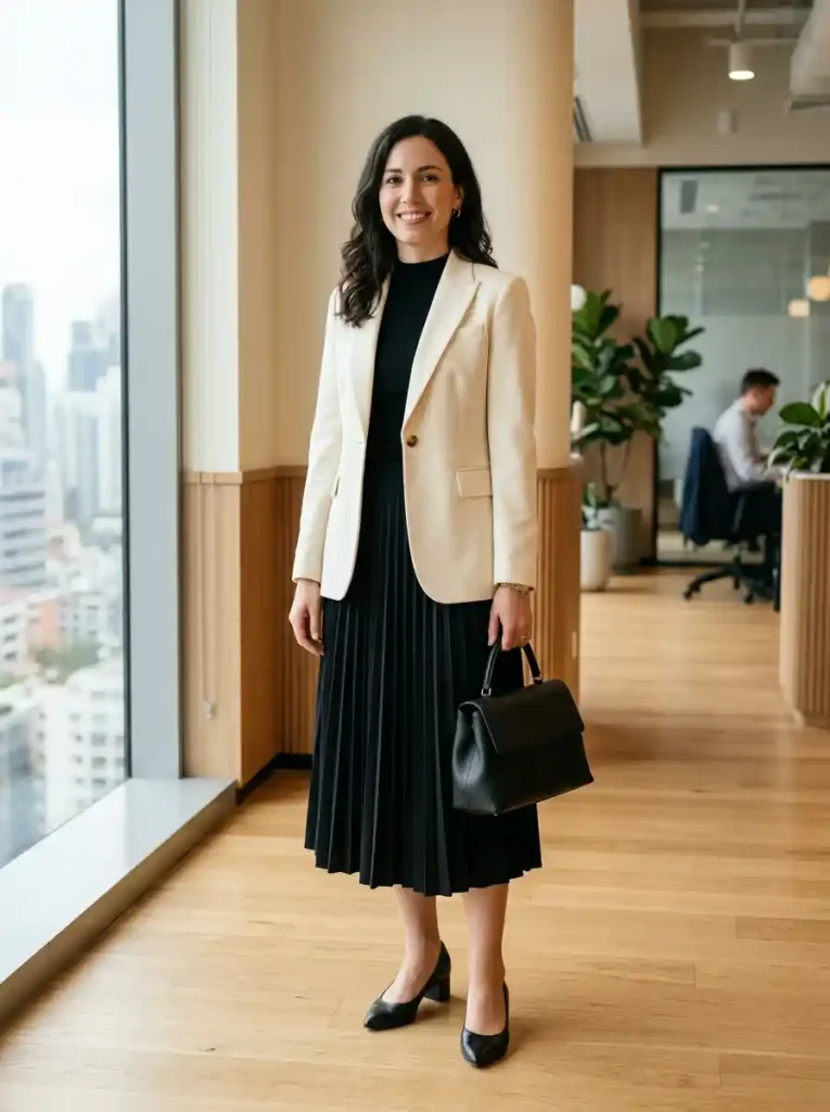 20. Cream Blazer with Black Midi Skirt