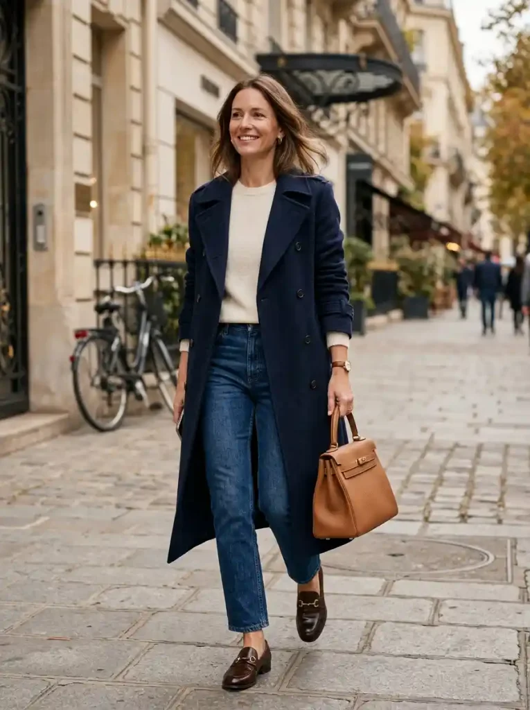 20. Navy Coat with Cream Sweater and Jeans