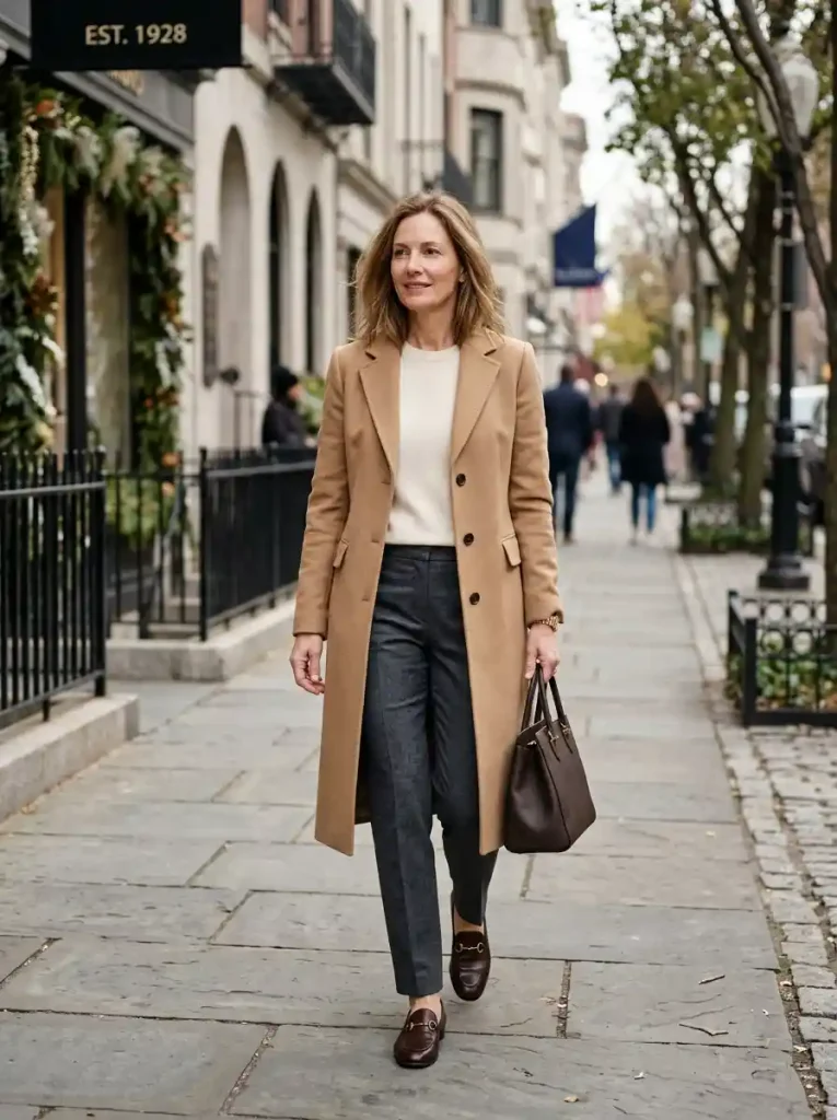21. Timeless Camel Coat and Tailored Trousers