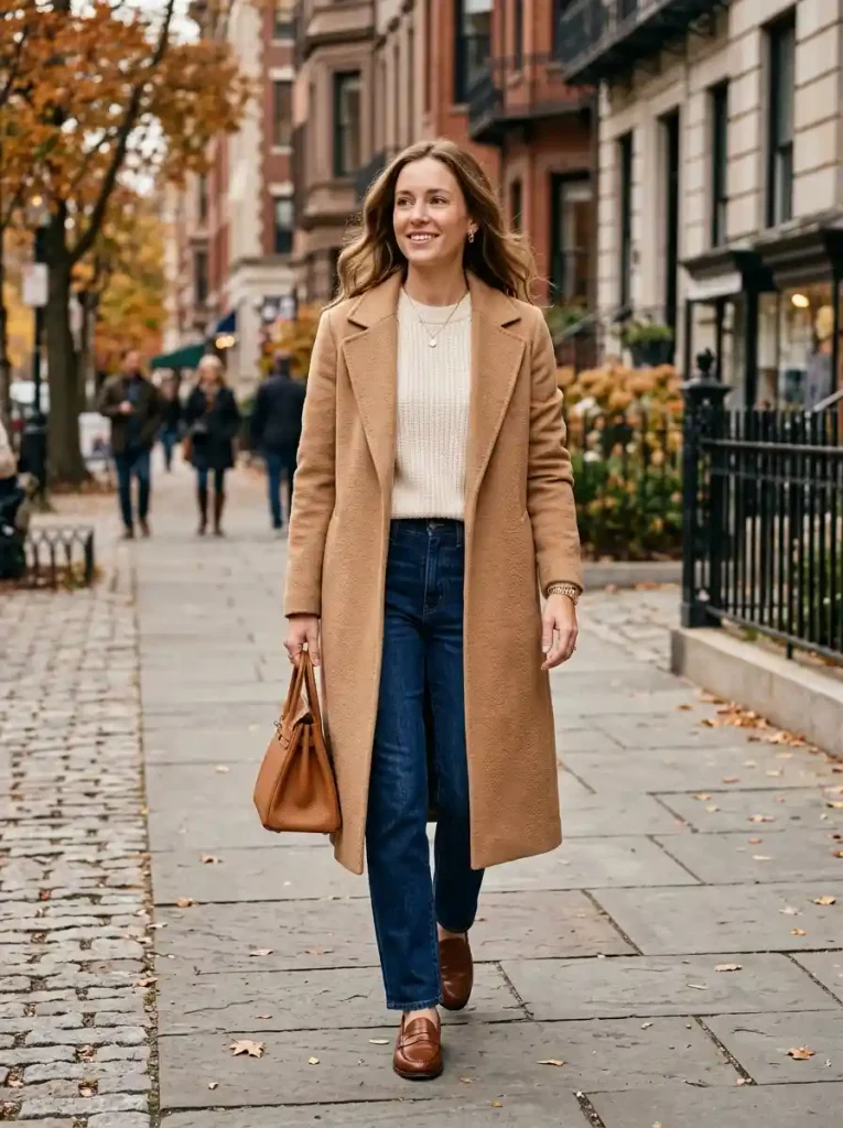 3. Camel Coat With Straight-Leg Jeans