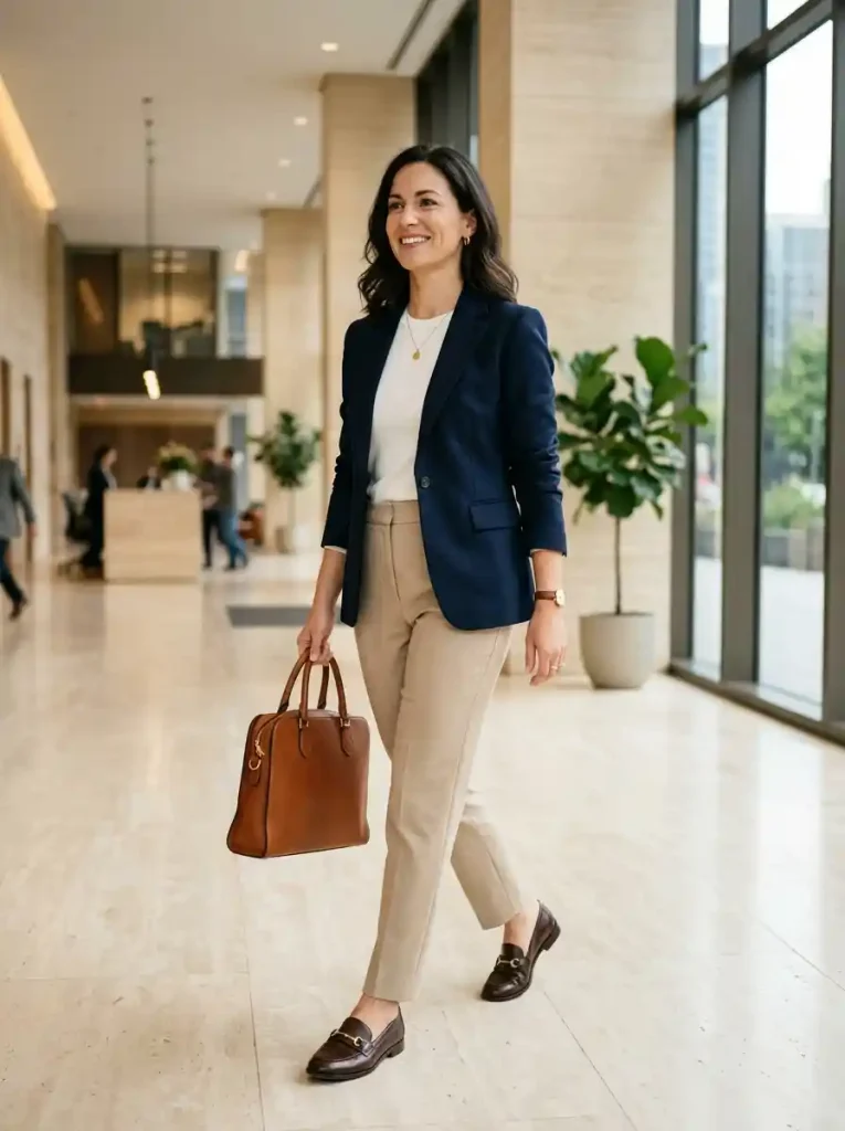 3. Navy Blazer with Beige Trousers