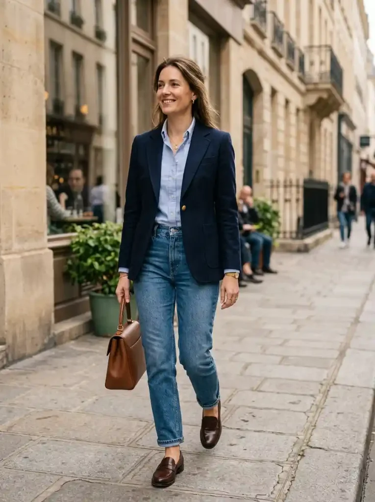 3. Navy Blazer with Oxford Shirt and Jeans