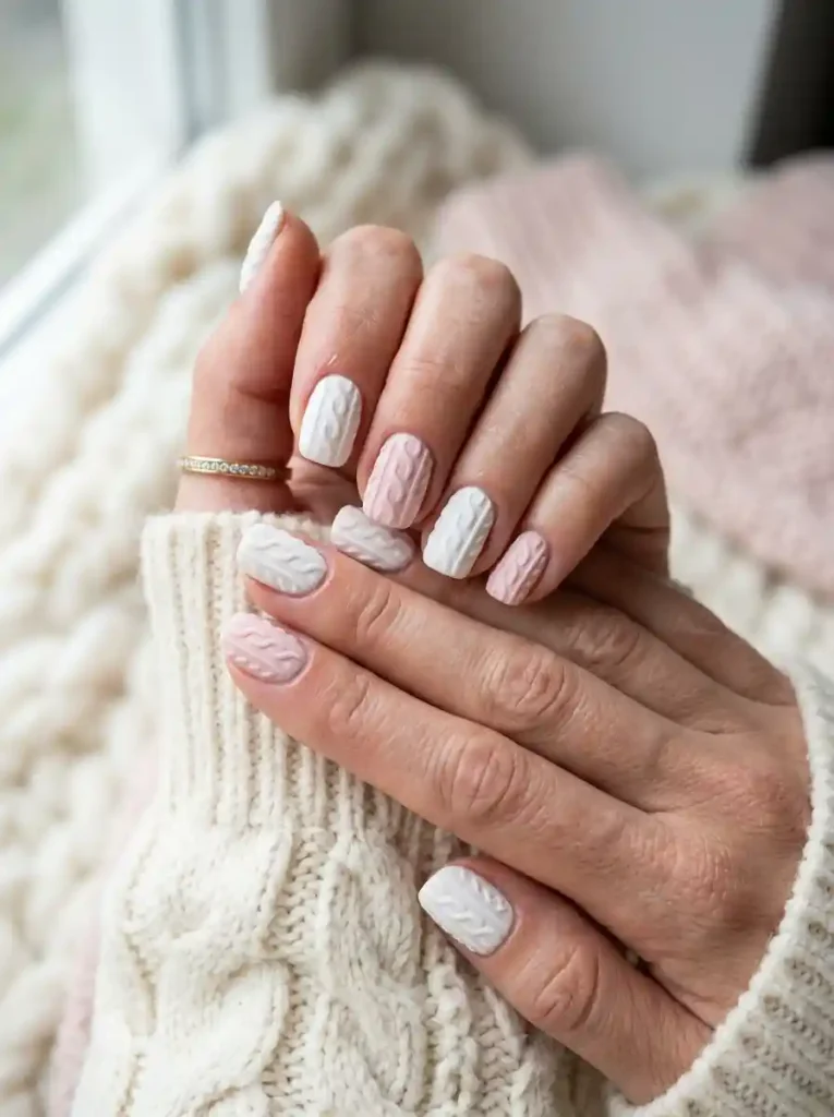 3. White and Blush Knit Nails