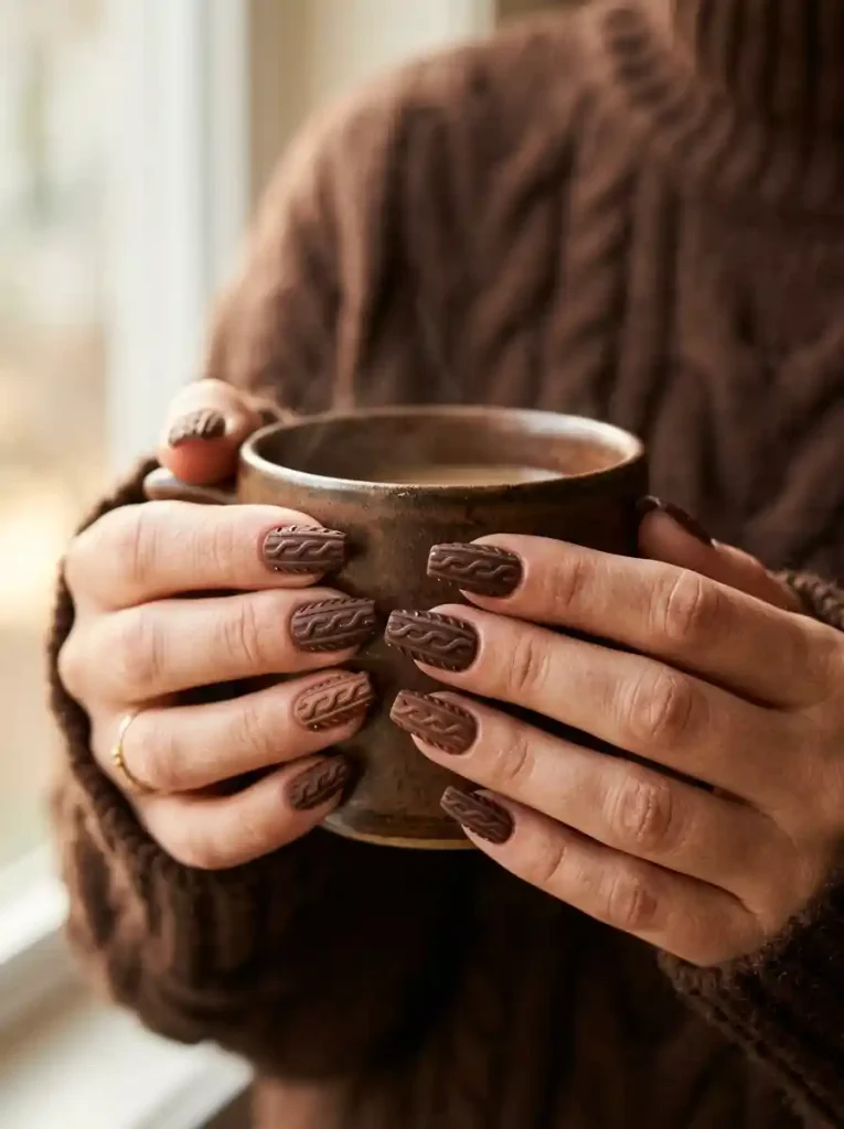 4. Brown Cable Knit-Sweater Pattern Nail Art Ideas