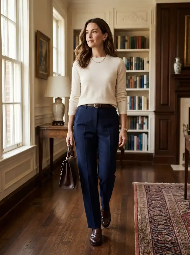 4. Cream Cashmere-Style Sweater With Navy Pants
