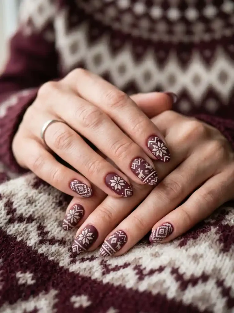 5. Burgundy Fair Isle Sweater Nails