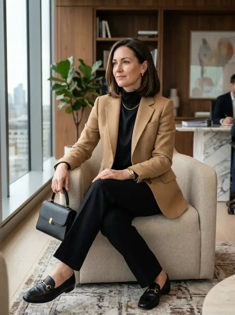 5. Camel Blazer with Black Trousers