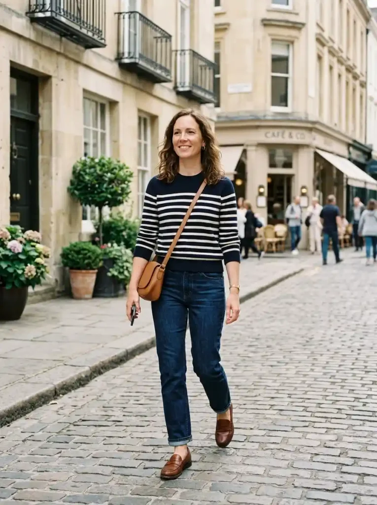 5. Striped Sweater with Dark-Wash Jeans