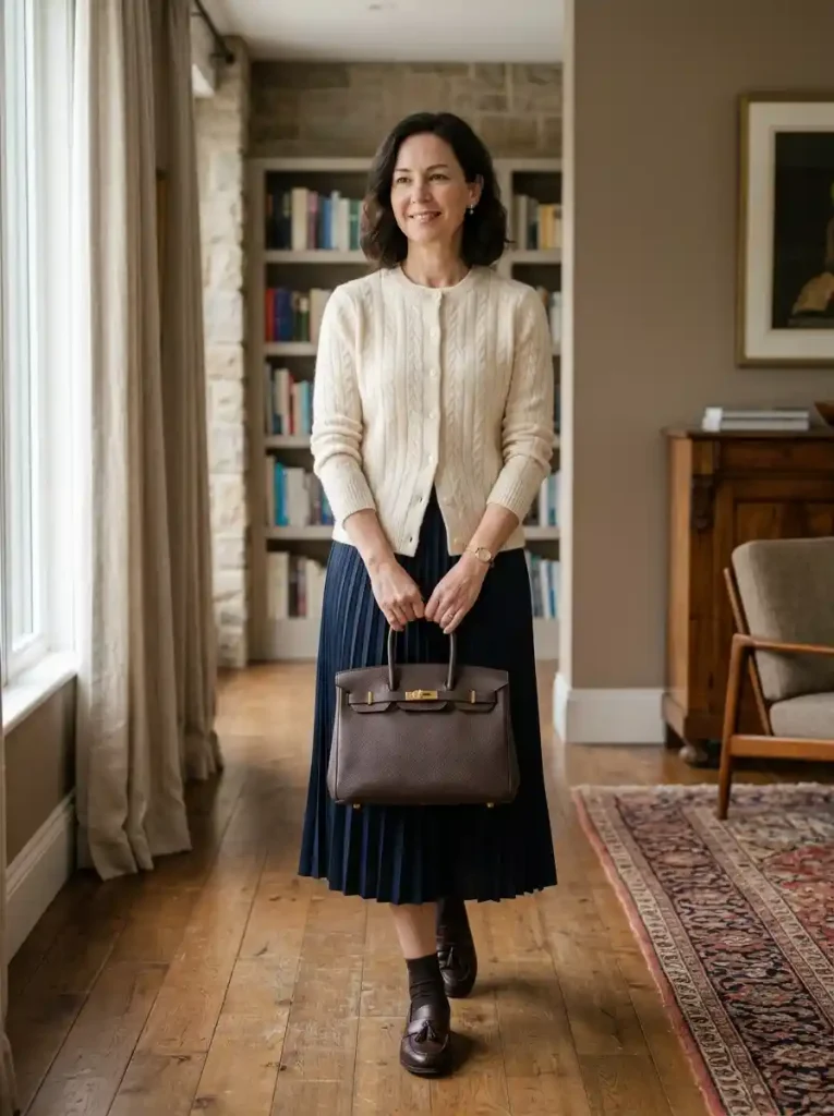 6. Cardigan with Pleated Midi Skirt