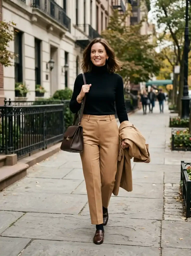 7. Black Turtleneck With Camel Trousers