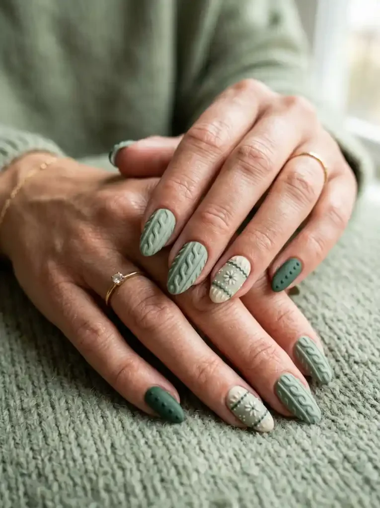 7. Sage Green Cozy Knit Nails