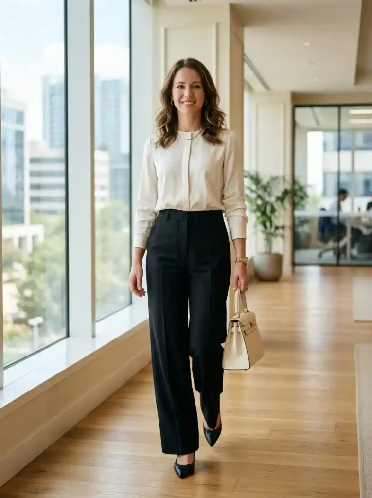 8. Ivory Blouse with Black Wide-Leg Pants